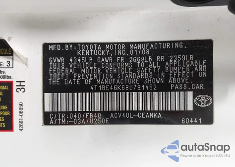 2008 Toyota Camry from USA, damaged, VIN 4T1BE46K68U791452